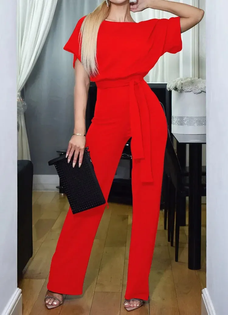 Nora Lace-up Jumpsuit | Sommerlicher Damenjumpsuit mit kurzen Ärmeln und Gürtel