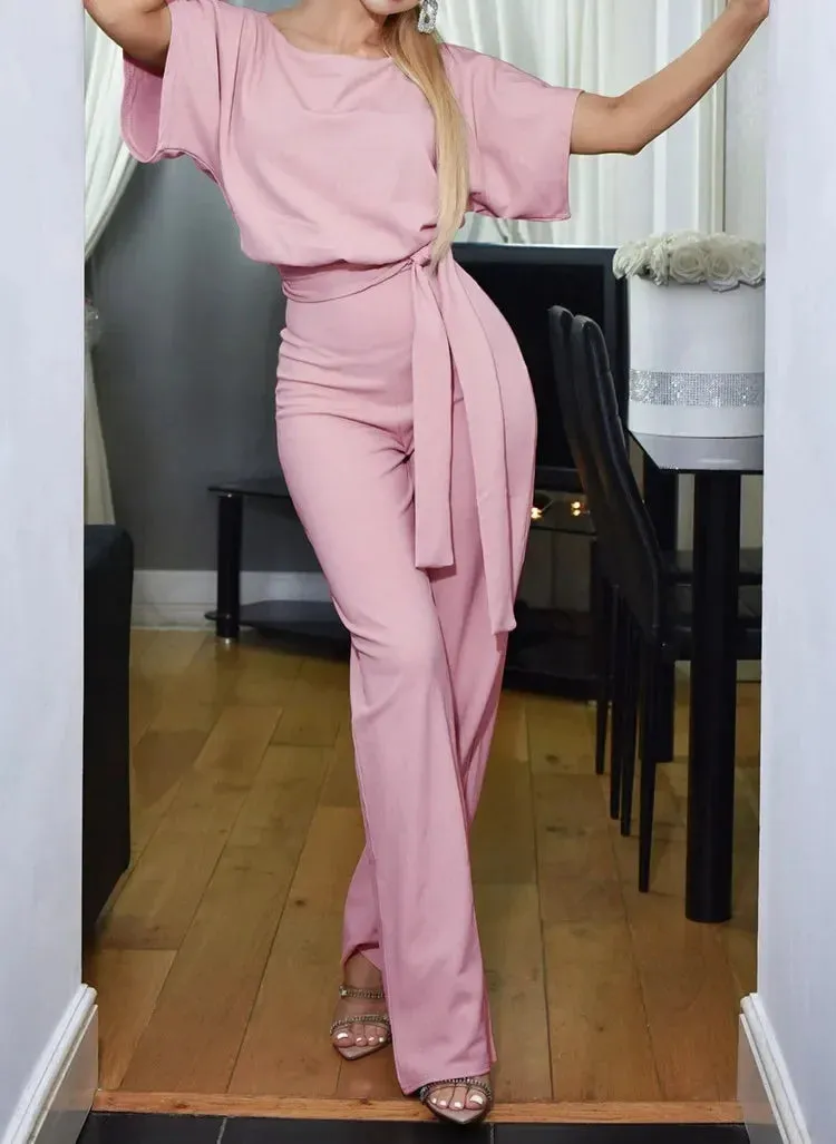 Nora Lace-up Jumpsuit | Sommerlicher Damenjumpsuit mit kurzen Ärmeln und Gürtel
