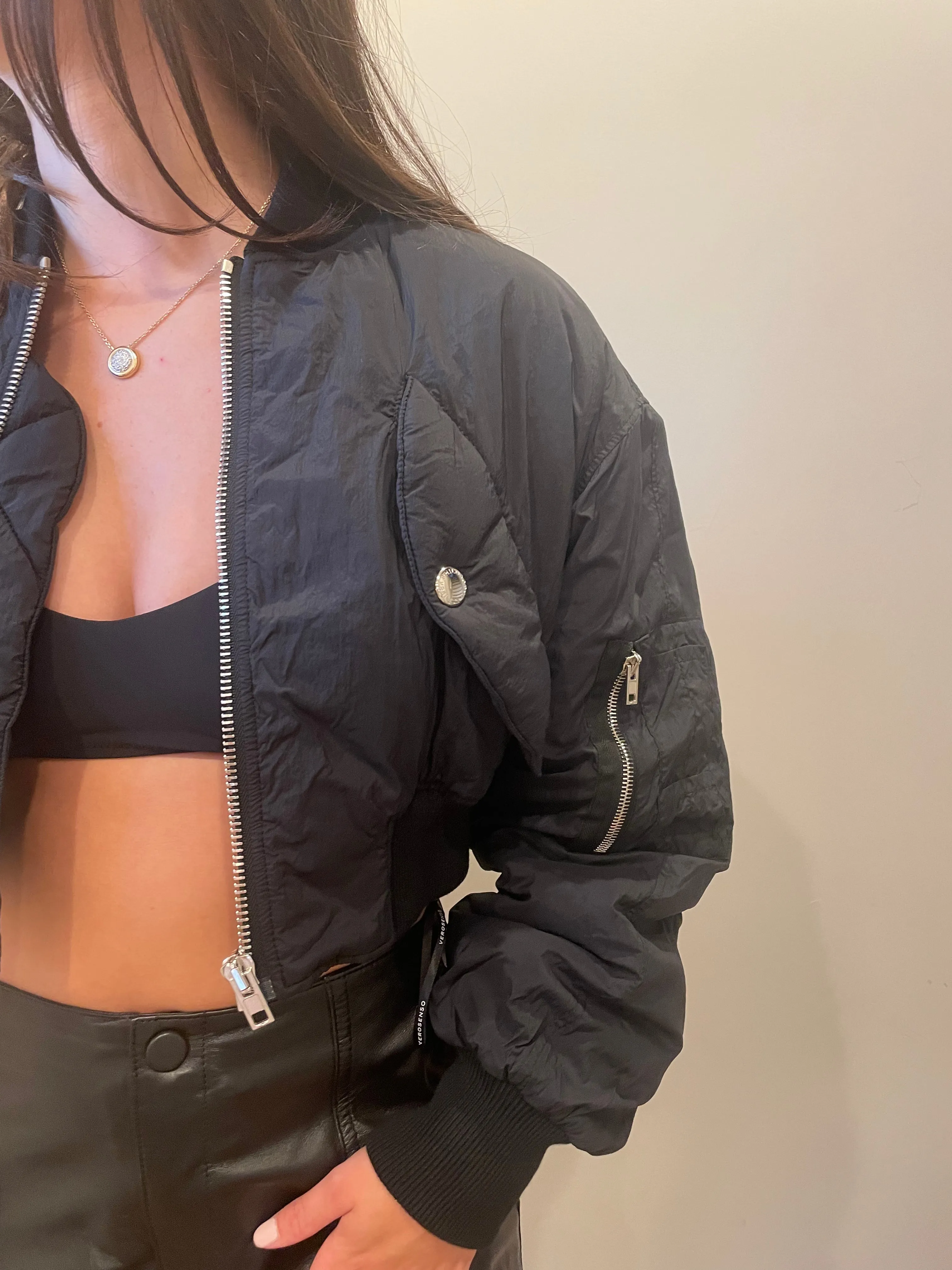 Nylon Cropped Bomber Jacket