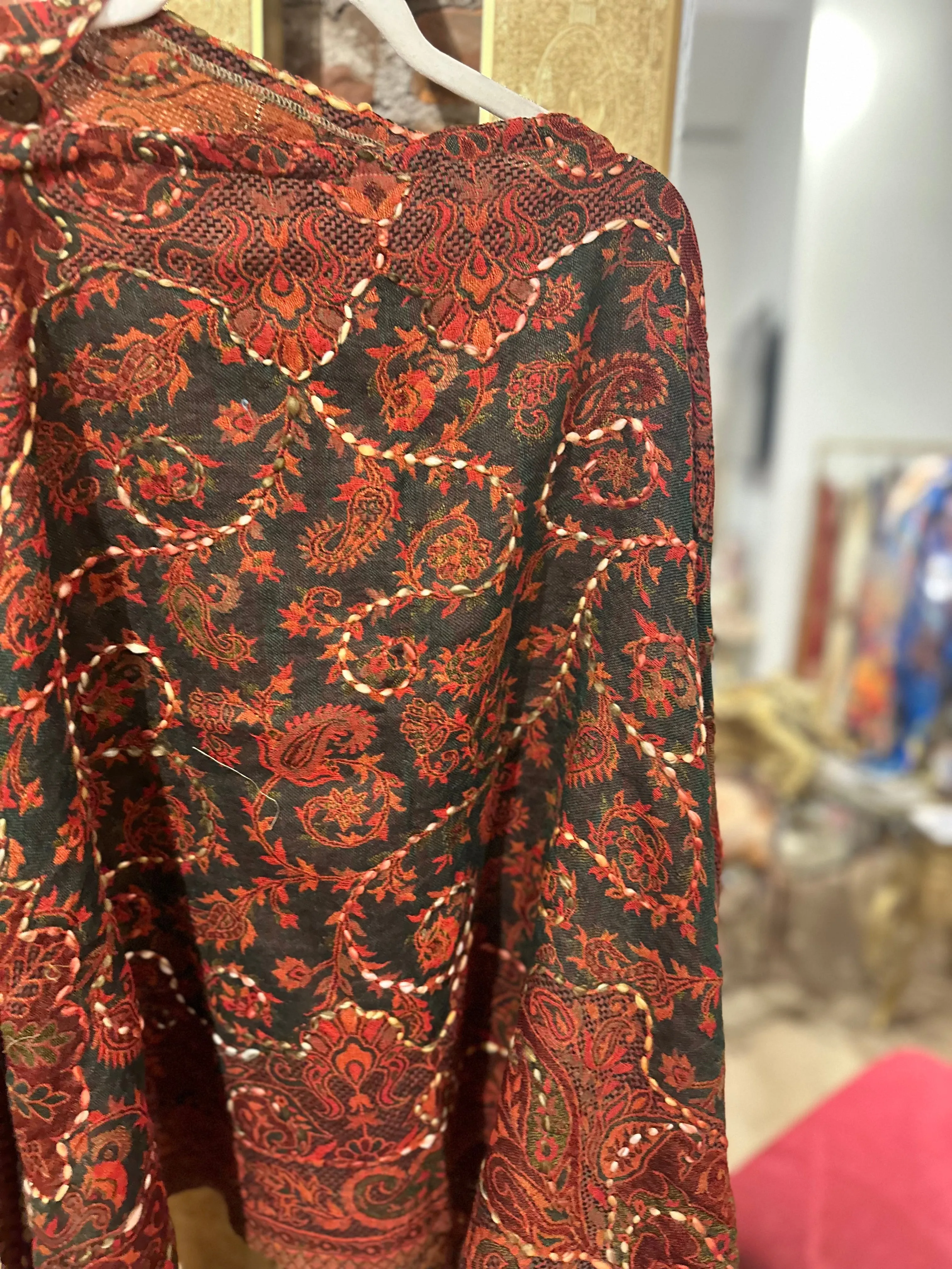 Pure wool reversible embroidered cape - red green