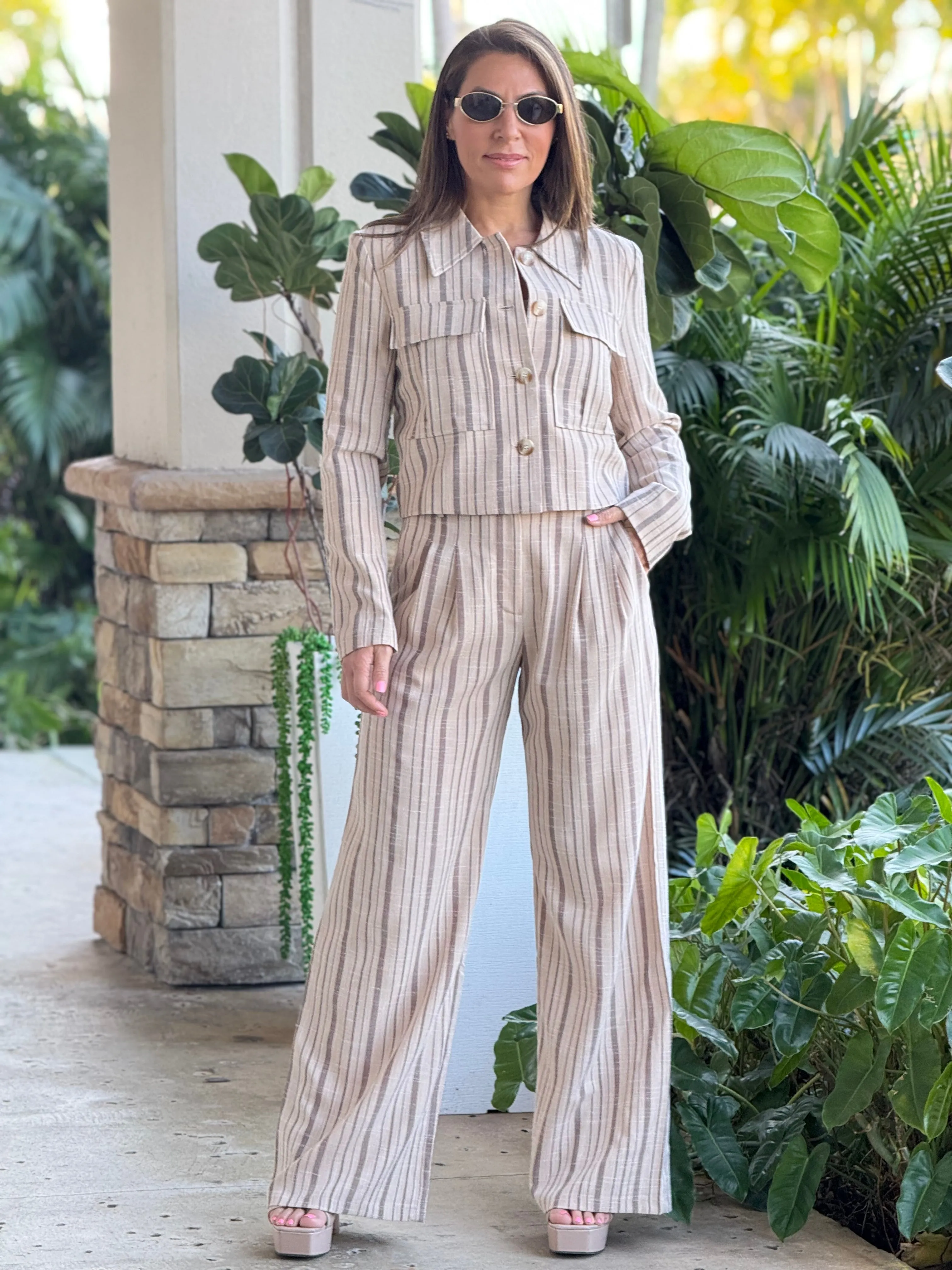 "Julianna" Striped Cropped Jacket And Matching Pants Set