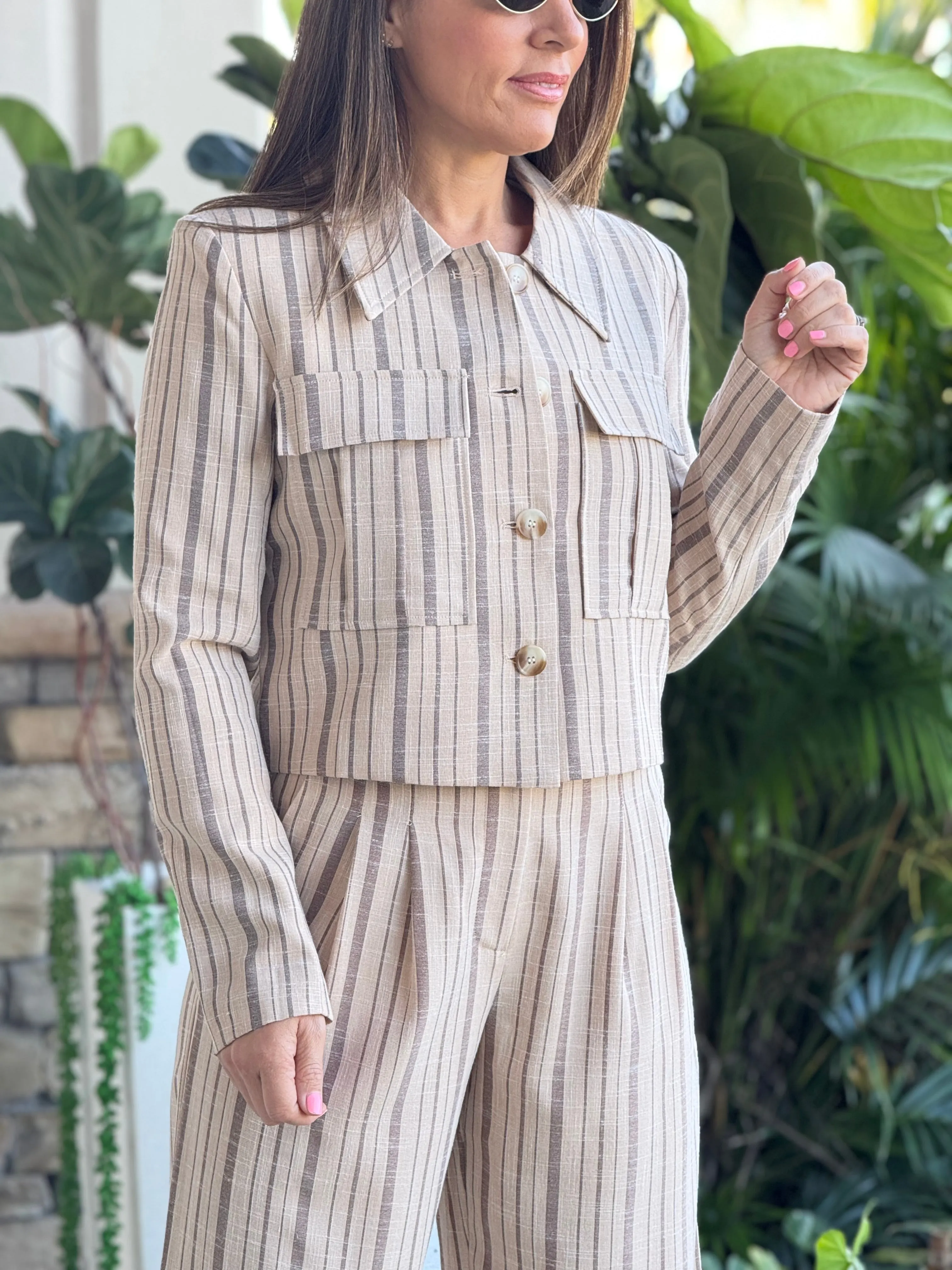"Julianna" Striped Cropped Jacket And Matching Pants Set