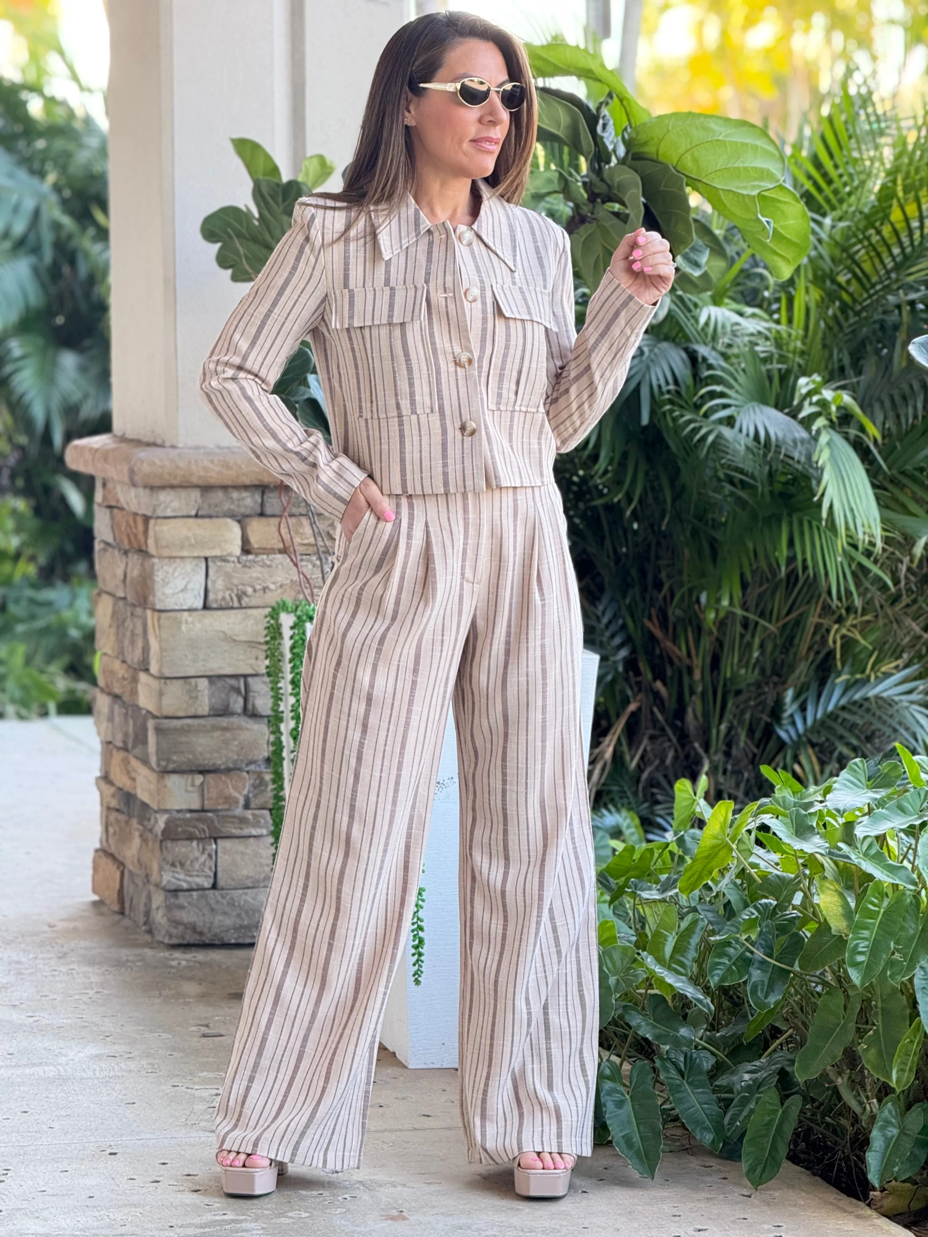 "Julianna" Striped Cropped Jacket And Matching Pants Set
