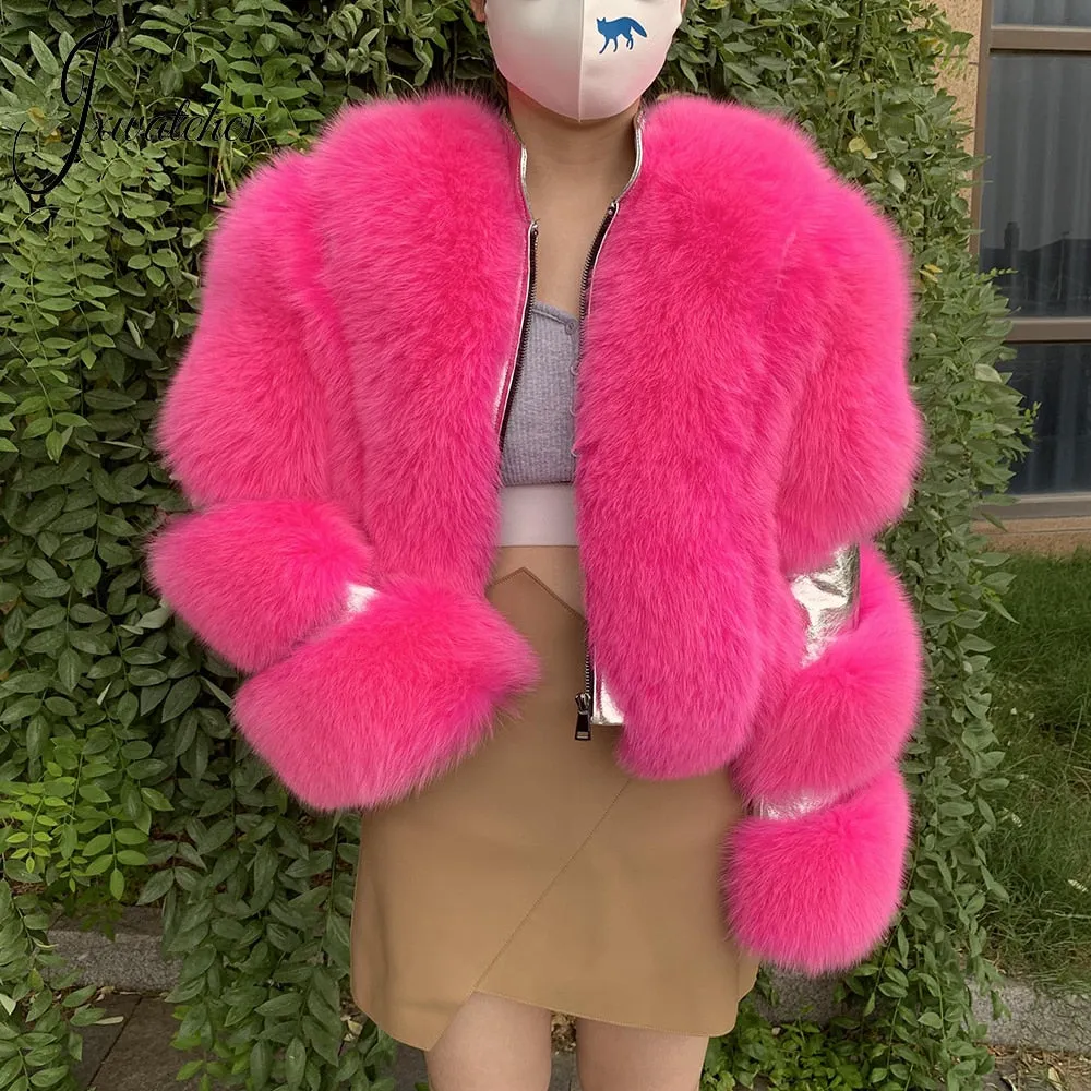 Real Fox Fur Jacket For Woman Sliver Genuine Leather With Natural Fur Cropped Coat Ladies Winter Fashion Outerwear New