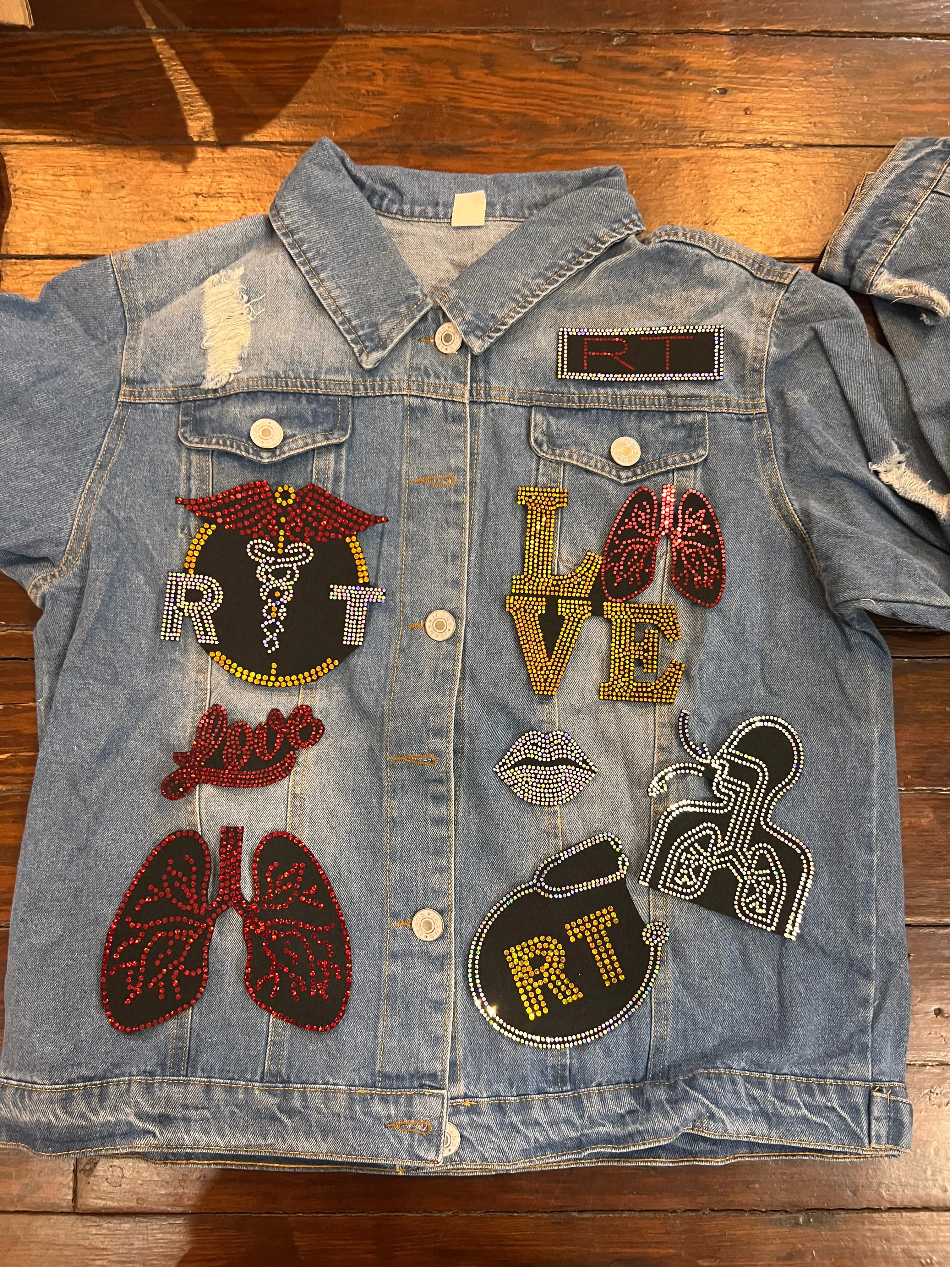 RESPIRATORY THERAPIST DENIM BLING Patchwork JACKET