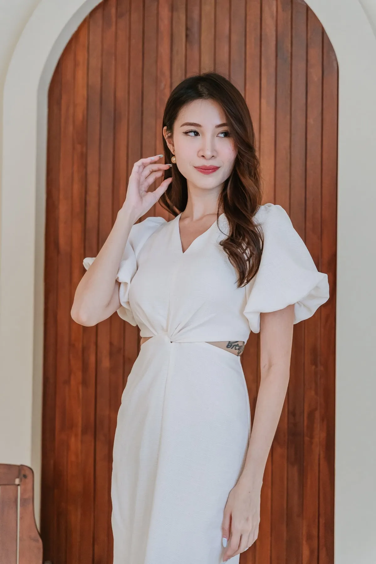 Restock: Luna Tweed Twist Knot Cut Out Dress - Cream [XS/S/M/L/XL/XXL]