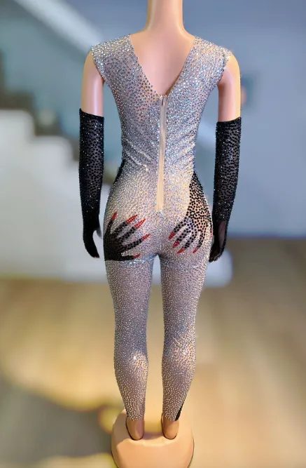 Rhinestone Jumpsuit Sparkling Bodysuit Rhinestone Beyonce Costume Party Outfit Party Performance Drag Costume