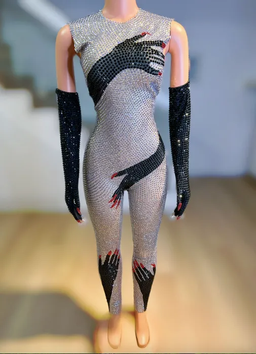 Rhinestone Jumpsuit Sparkling Bodysuit Rhinestone Beyonce Costume Party Outfit Party Performance Drag Costume