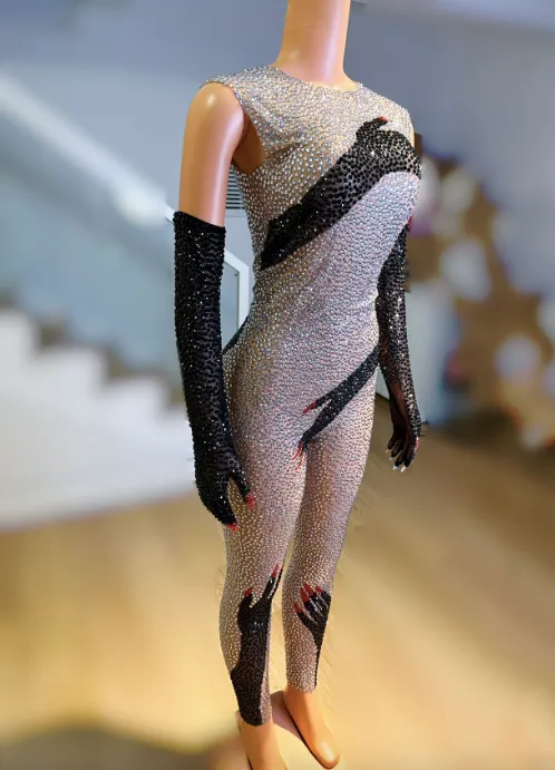 Rhinestone Jumpsuit Sparkling Bodysuit Rhinestone Beyonce Costume Party Outfit Party Performance Drag Costume