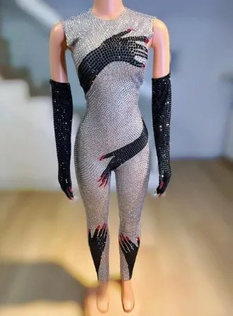 Rhinestone Jumpsuit Sparkling Bodysuit Rhinestone Beyonce Costume Party Outfit Party Performance Drag Costume
