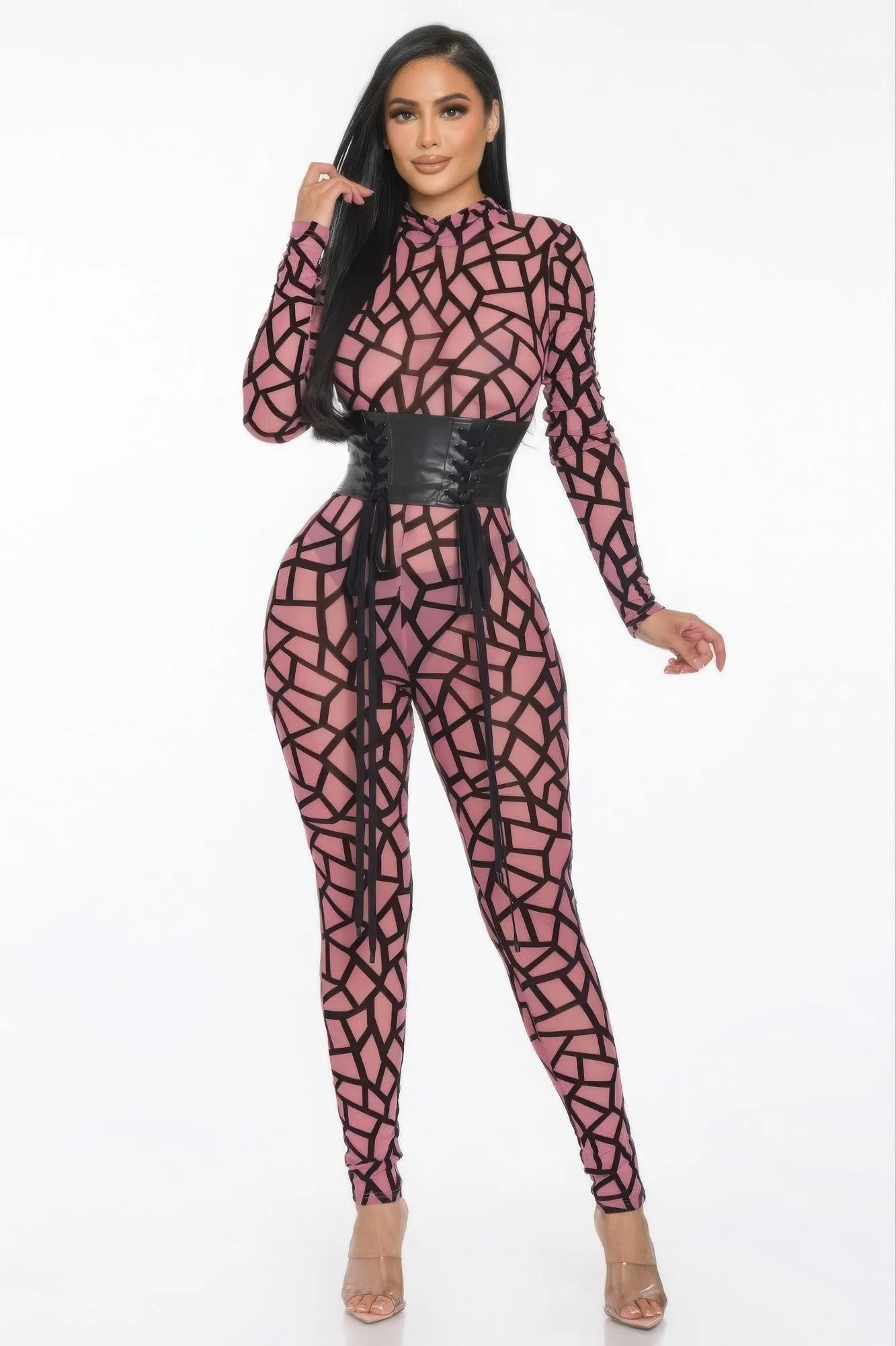 Sheer Geometric Print Jersey Jumpsuit