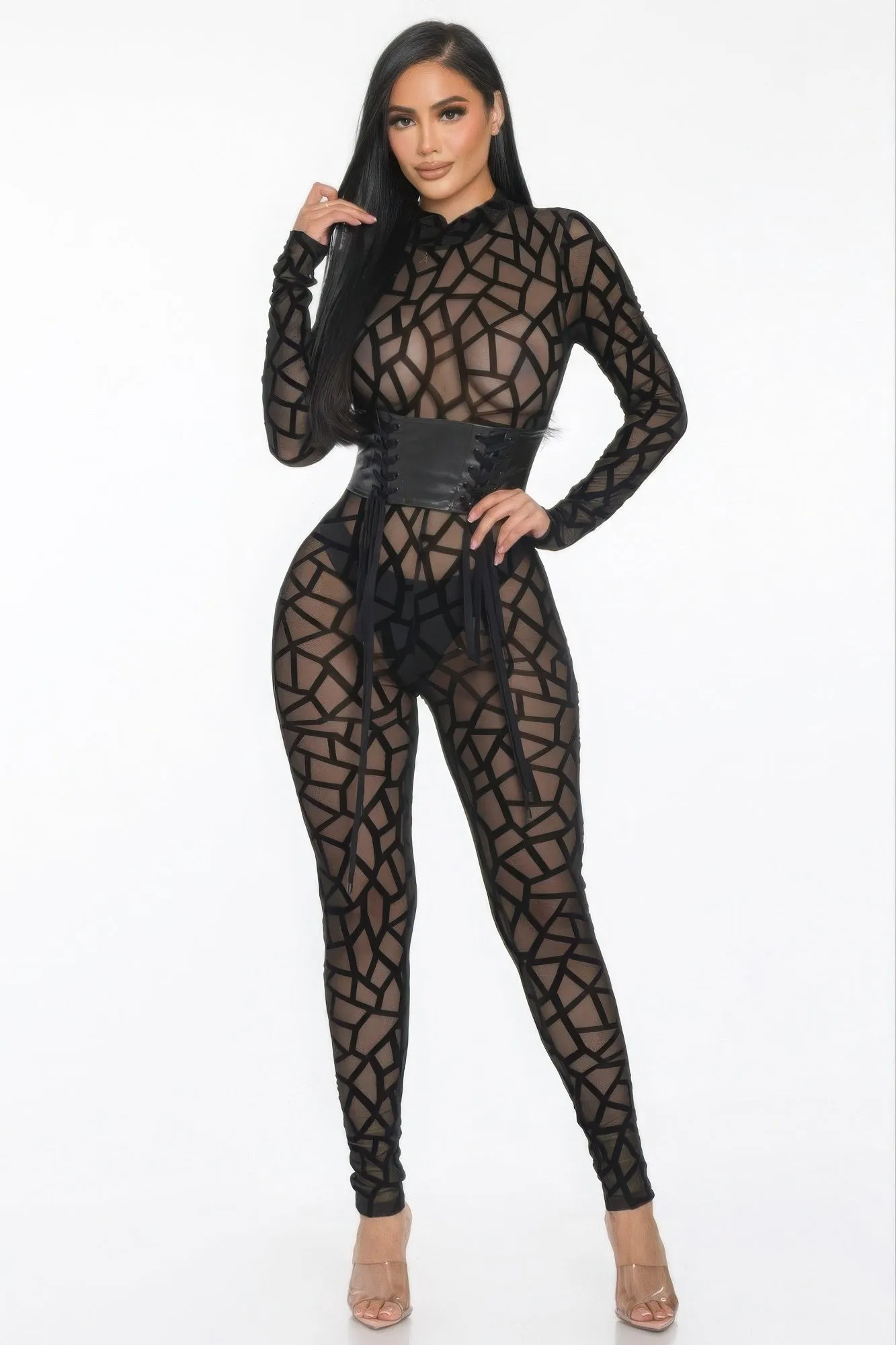 Sheer Geometric Print Jersey Jumpsuit