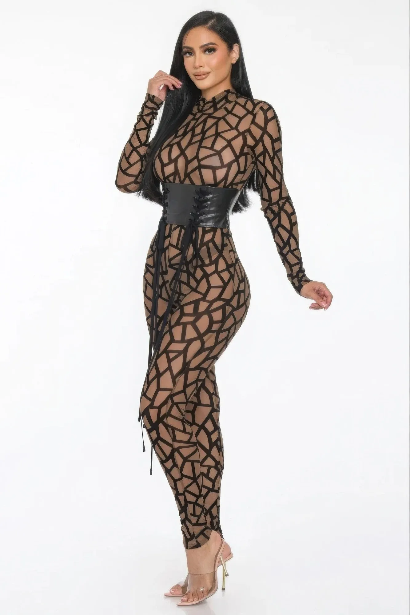 Sheer Geometric Print Jersey Jumpsuit