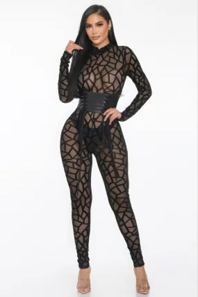 Sheer Geometric Print Jersey Jumpsuit