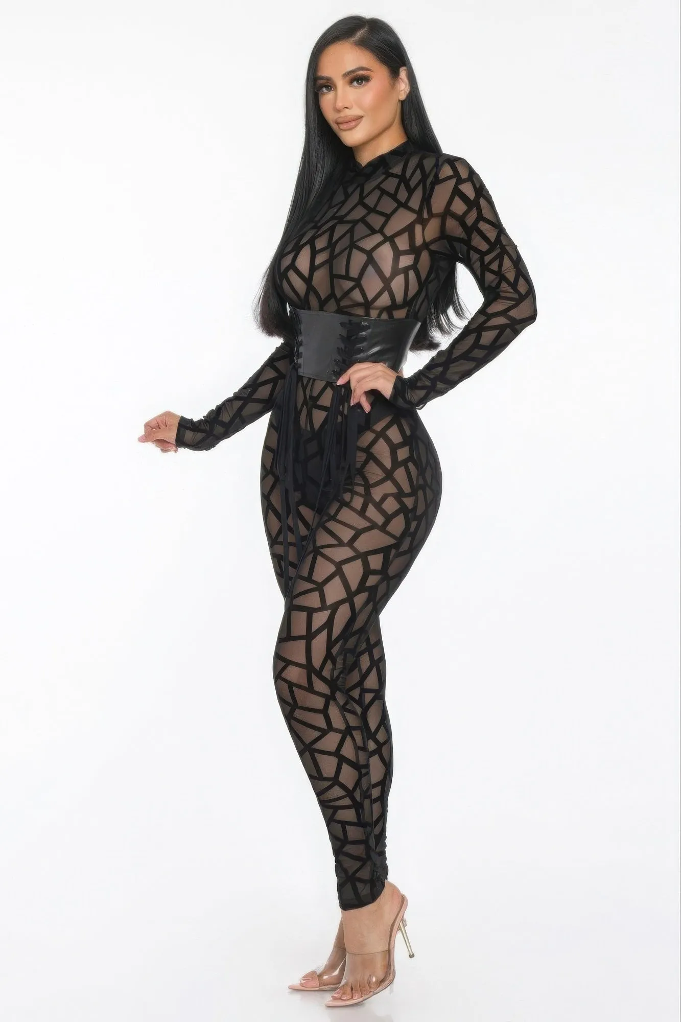 Sheer Geometric Print Jersey Jumpsuit