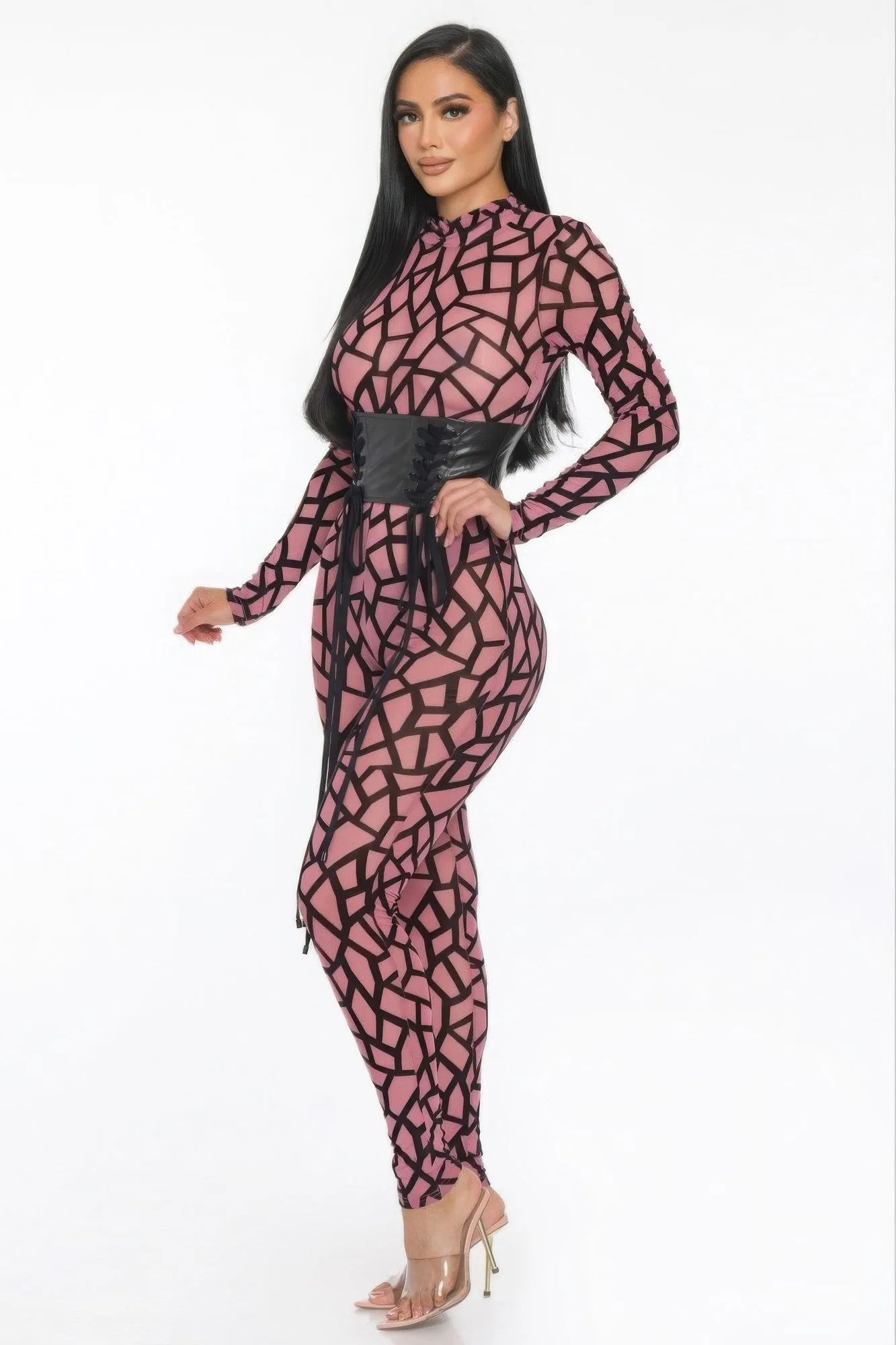 Sheer Geometric Print Jersey Jumpsuit