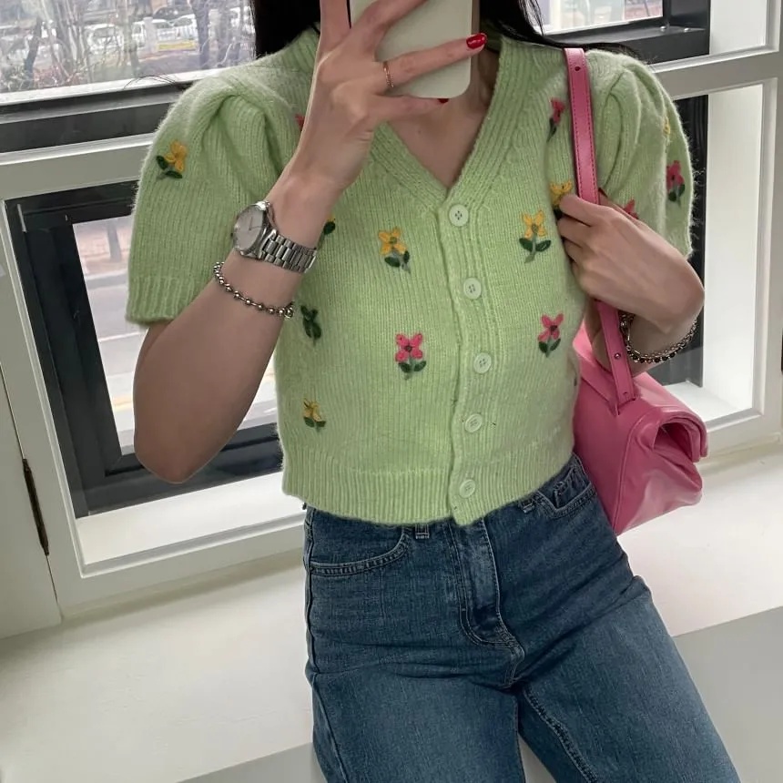 Short-Sleeve Floral Embroidered Button-Up Knit Top