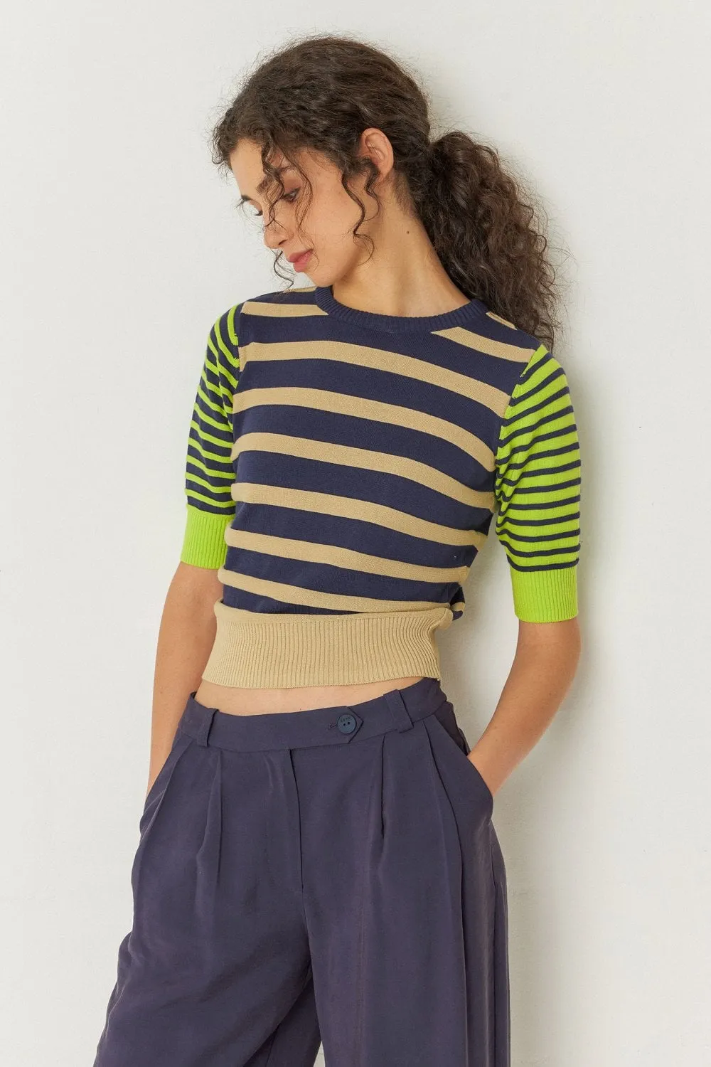 SKFK Muike Navy & Green Stripe Knit Top