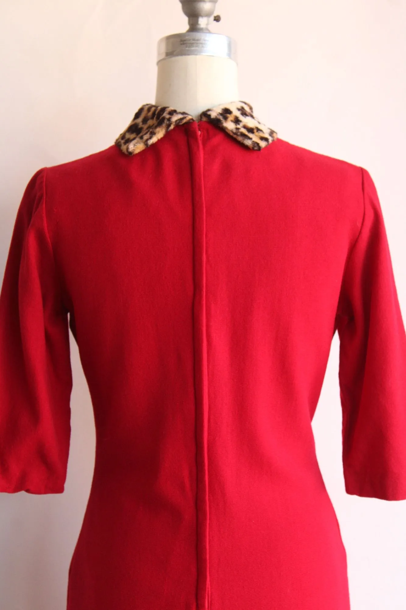 Vintage 1960s Dress in Red Wool with Leopard Print Collar