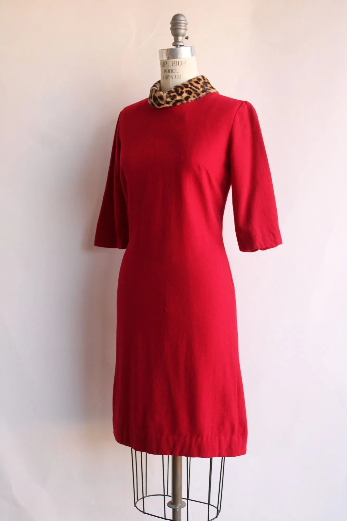 Vintage 1960s Dress in Red Wool with Leopard Print Collar