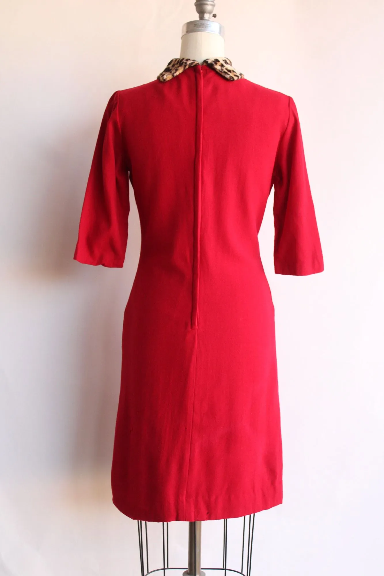 Vintage 1960s Dress in Red Wool with Leopard Print Collar