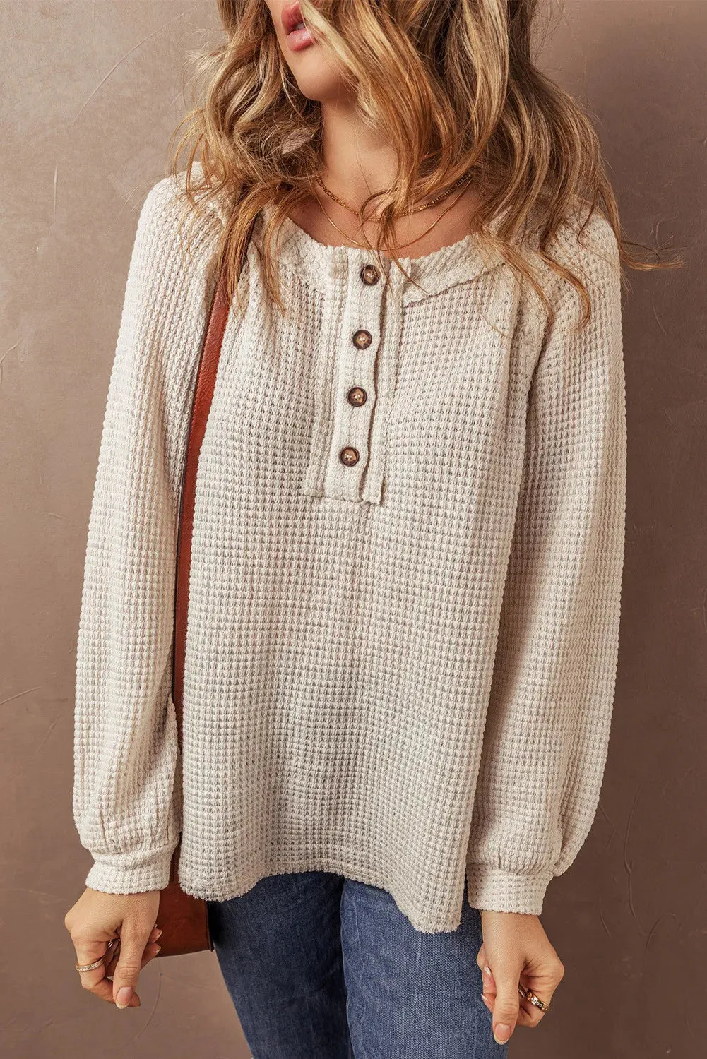 Waffle-Knit Half Button Round Neck Long Sleeve Top