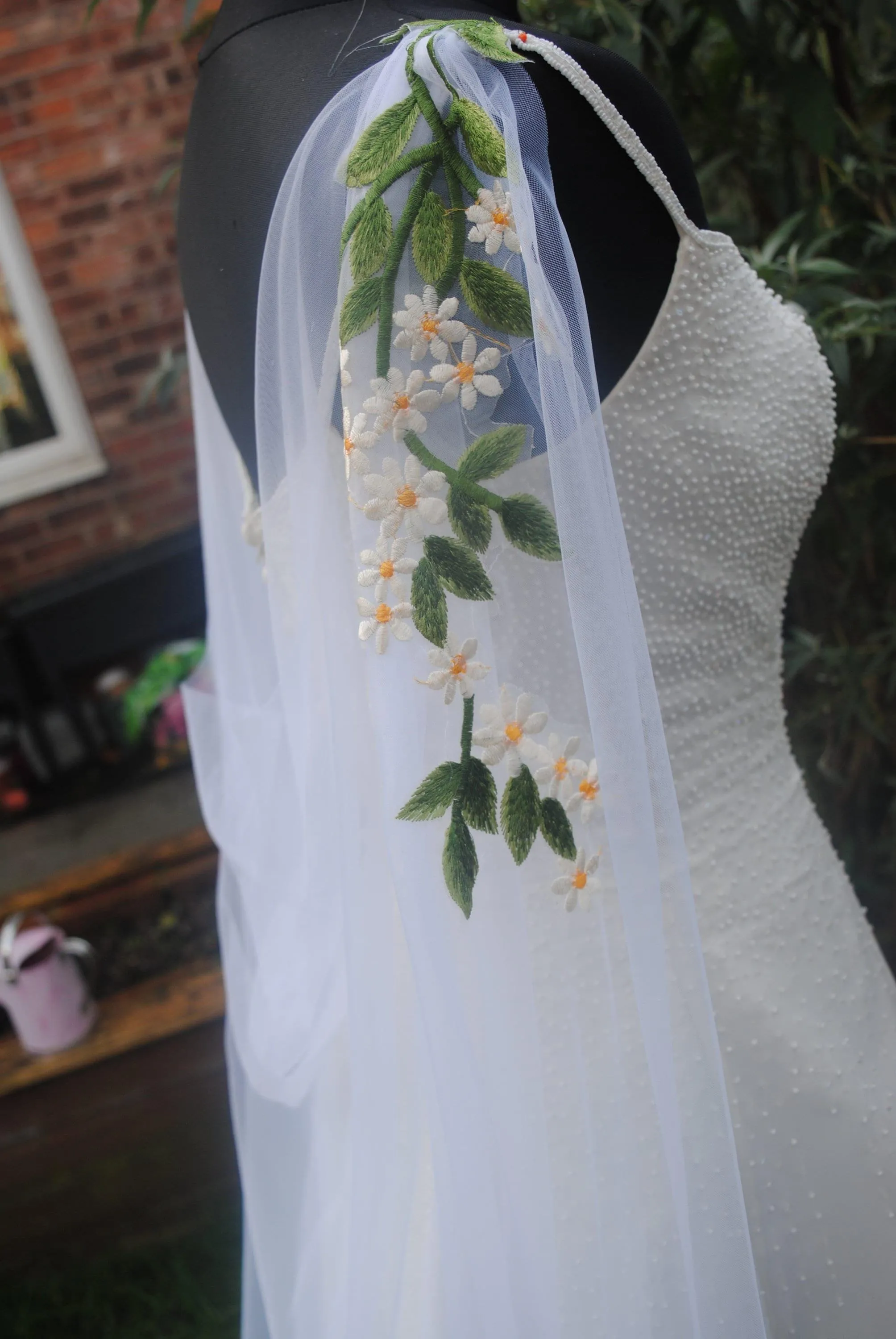 White Bridal Cape Veil Flower Appliqué Wedding Cape
