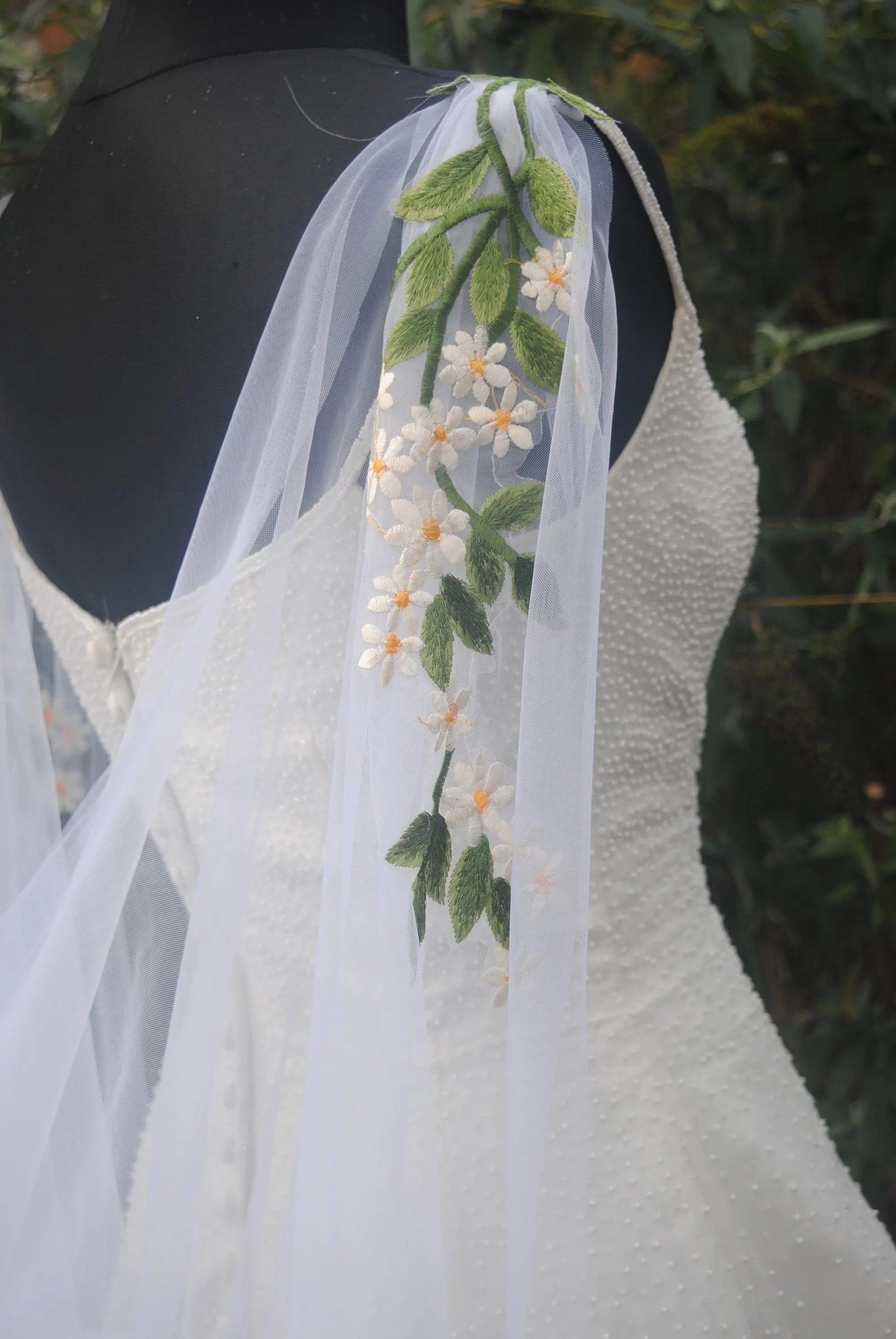 White Bridal Cape Veil Flower Appliqué Wedding Cape