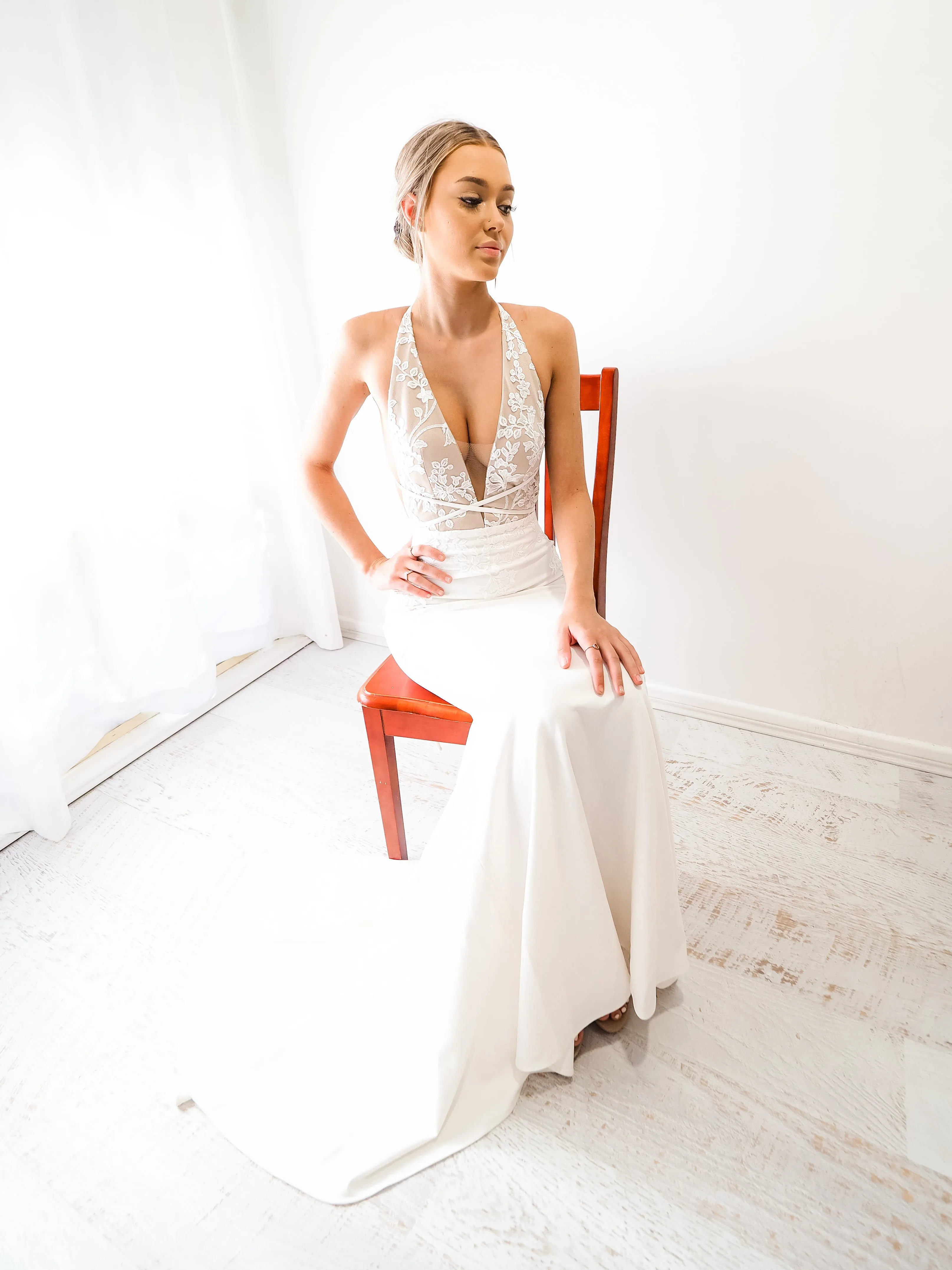 White vine lace on nude mermaid dress (sales)