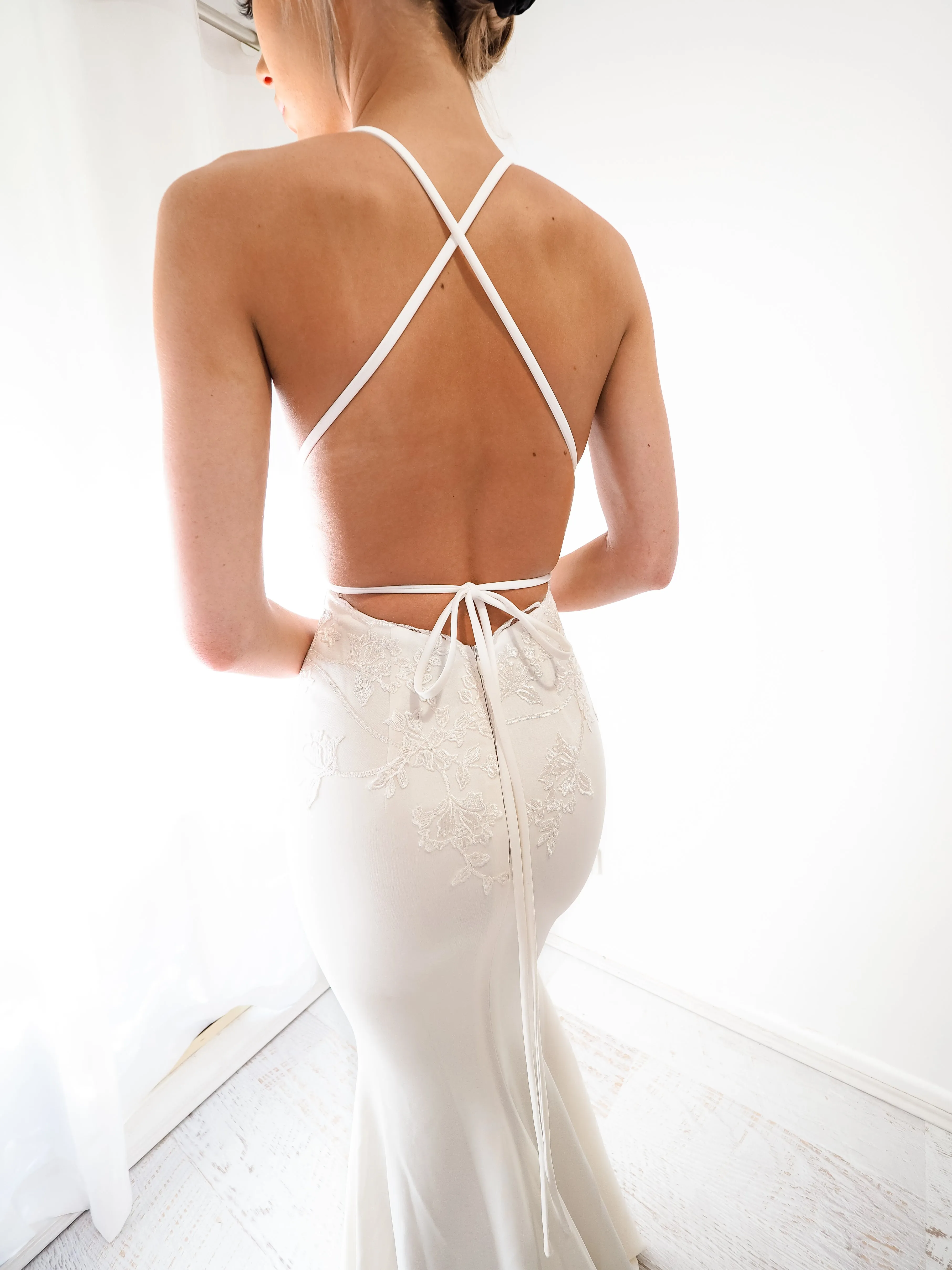 White vine lace on nude mermaid dress (sales)