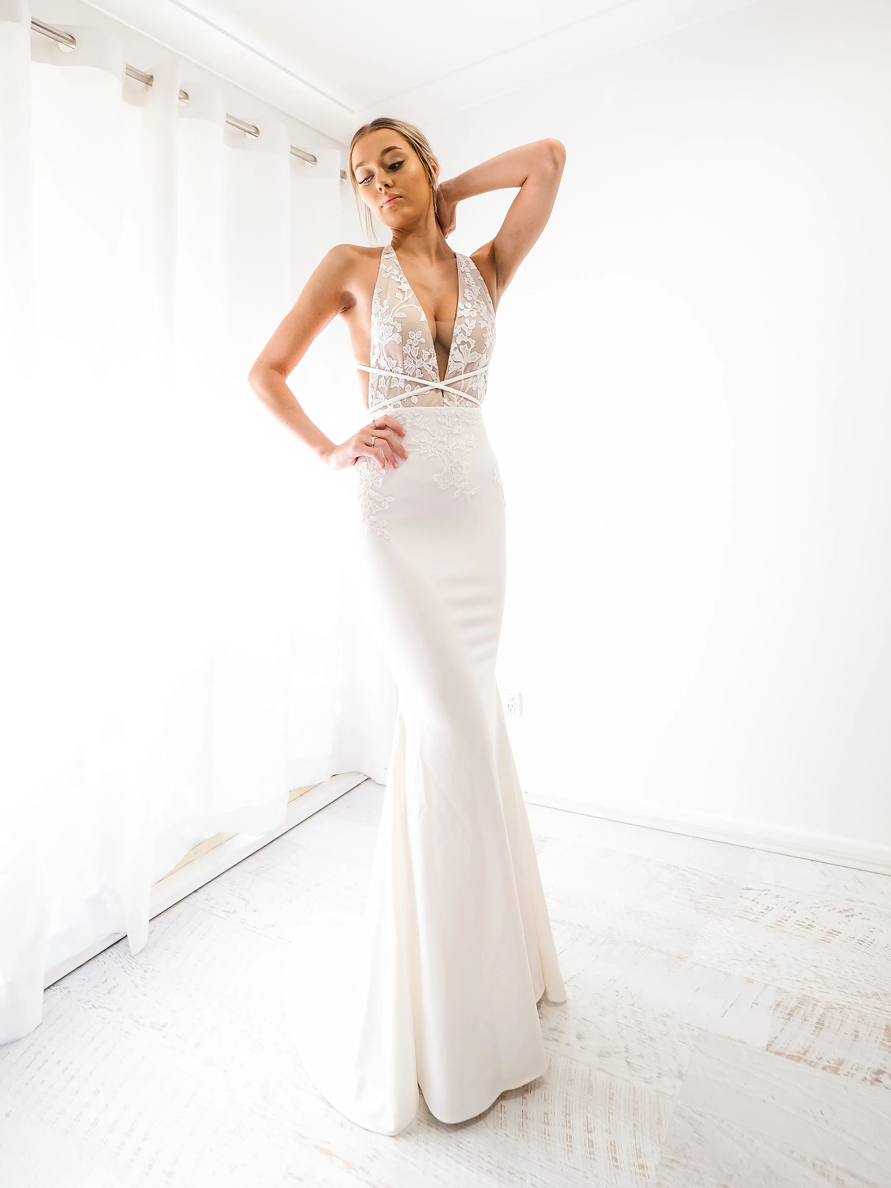 White vine lace on nude mermaid dress (sales)