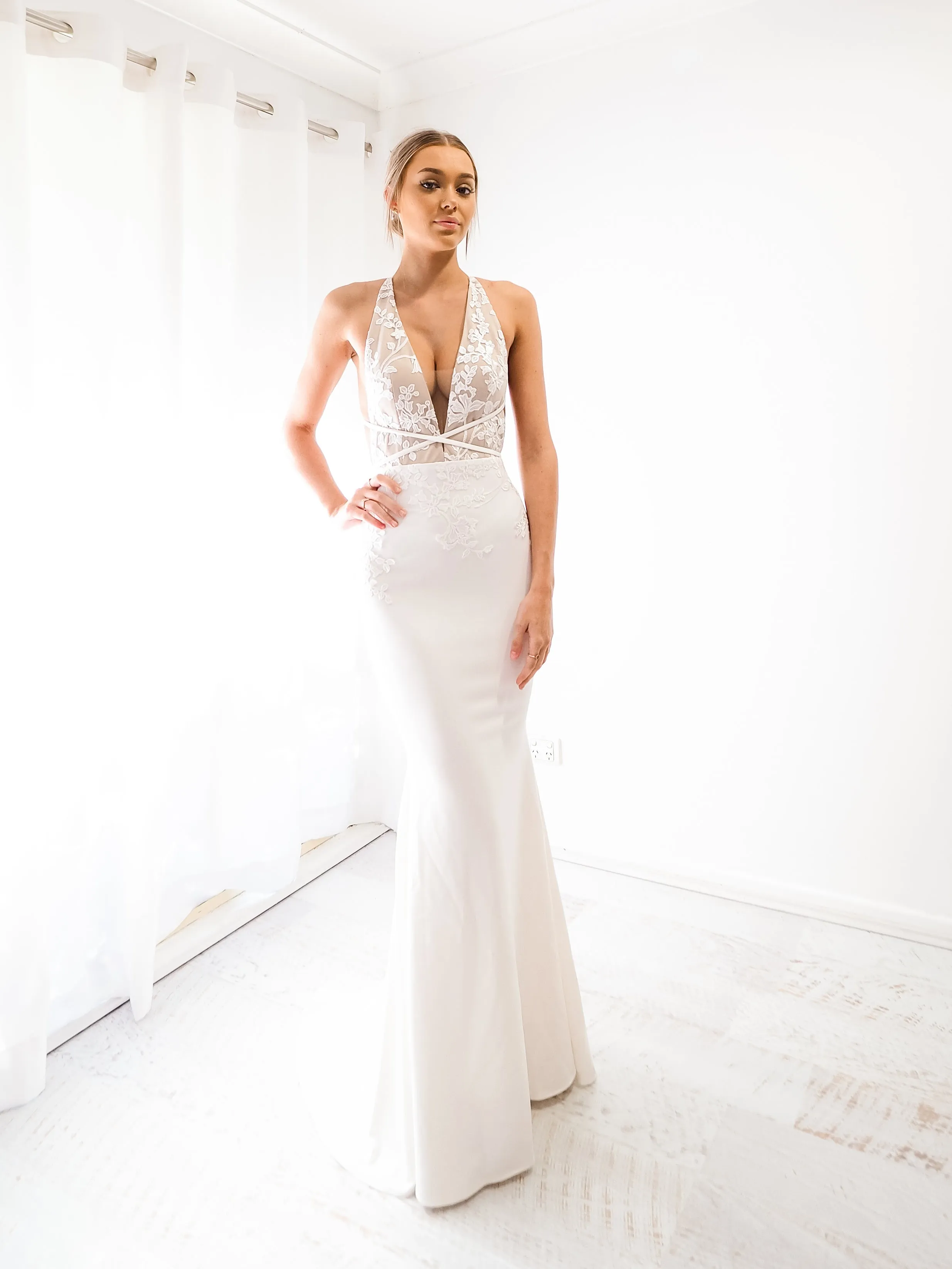 White vine lace on nude mermaid dress (sales)