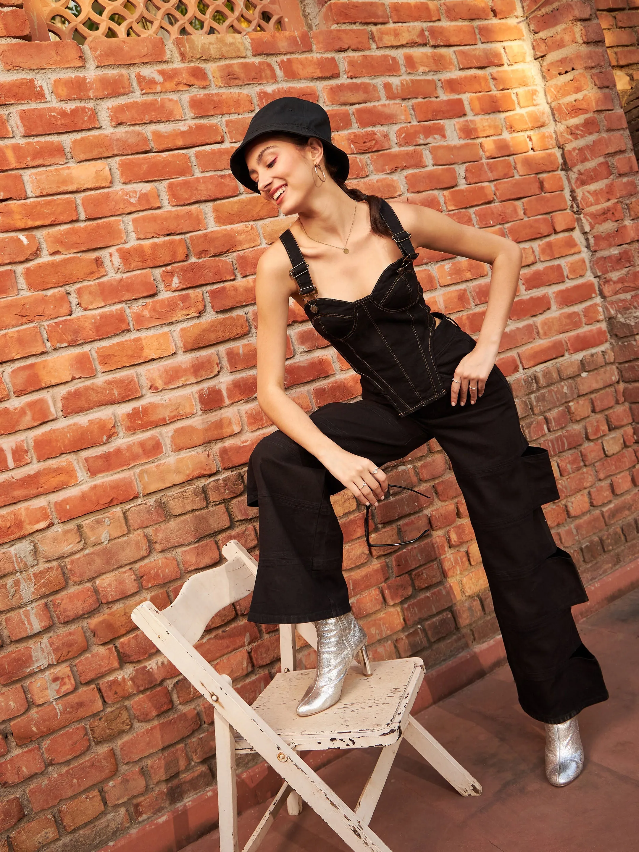 Women Black Denim Premium Cropped Bustier Top