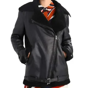 Women's Black Shearling Leather Aviator Jacket Classic Flight Style