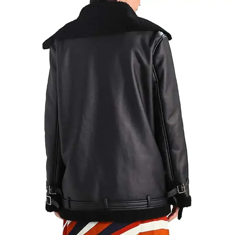 Women's Black Shearling Leather Aviator Jacket Classic Flight Style