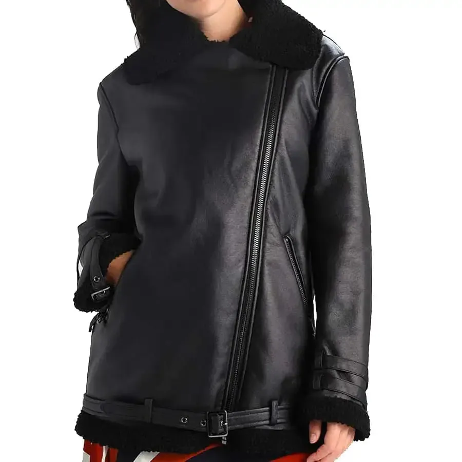 Women's Black Shearling Leather Aviator Jacket Classic Flight Style