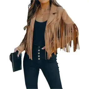 Women's Camel Cropped Tassel Fringe Suede Moto Jacket – Chic & Stylish