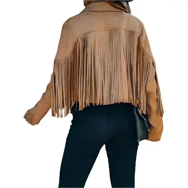 Women's Camel Cropped Tassel Fringe Suede Moto Jacket – Chic & Stylish