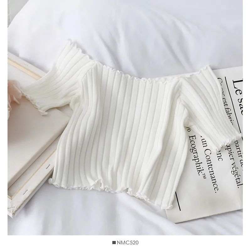 Women's Off Shoulder Knitted Ribbed Crop Tops Short Sleeve Stretchy Ruffles Hem Fashion Clothing One Size