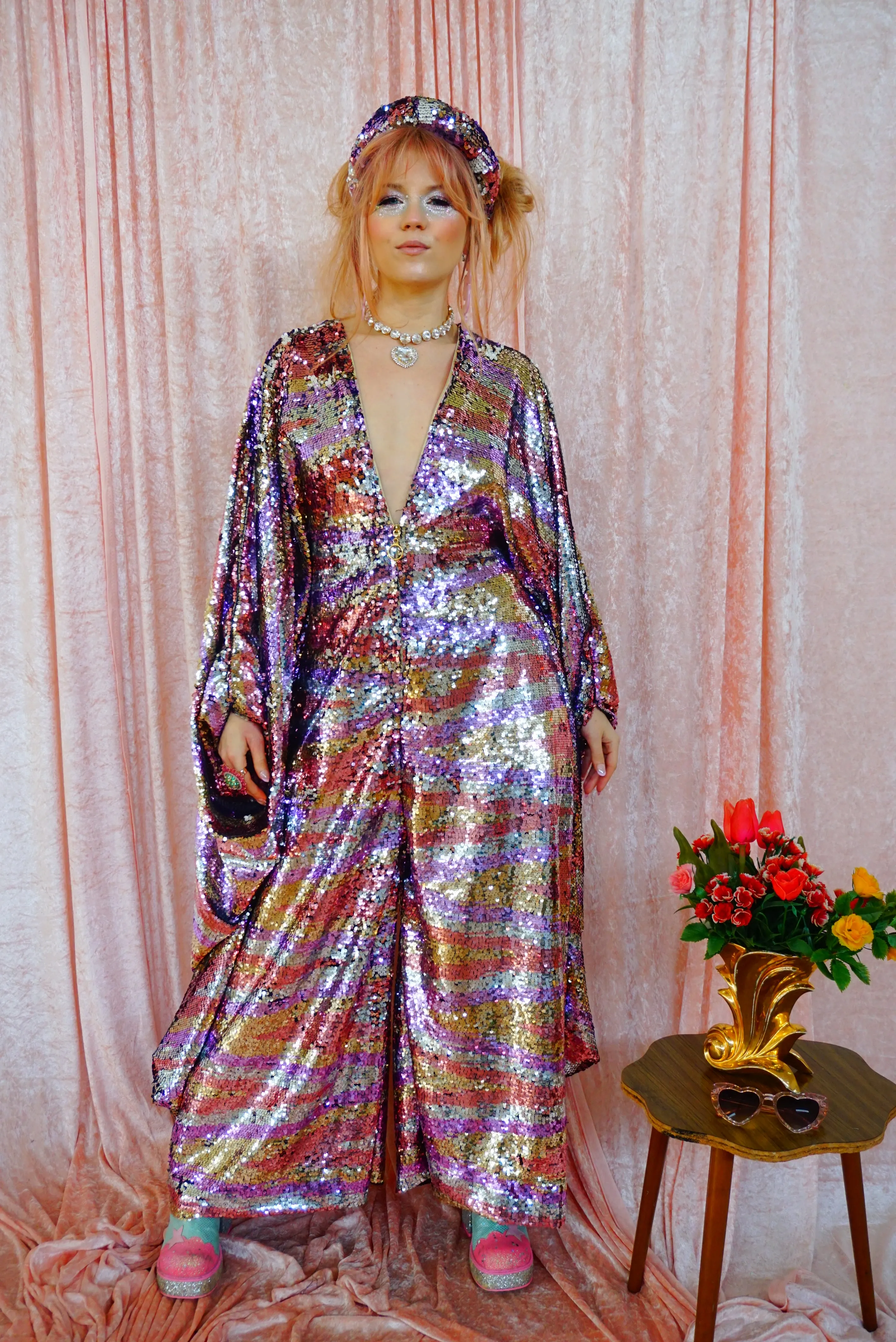 Ziggys Crush - Blush Pink, Silver, Gold, and White flip Print Kaftan Jumpsuit