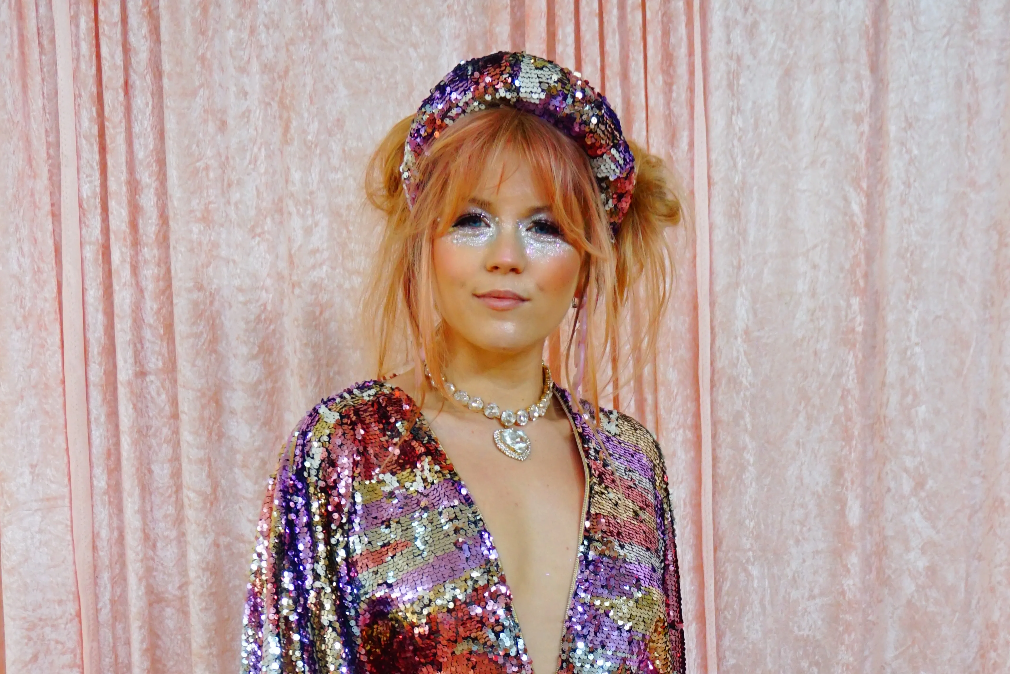 Ziggys Crush - Blush Pink, Silver, Gold, and White flip Print Kaftan Jumpsuit