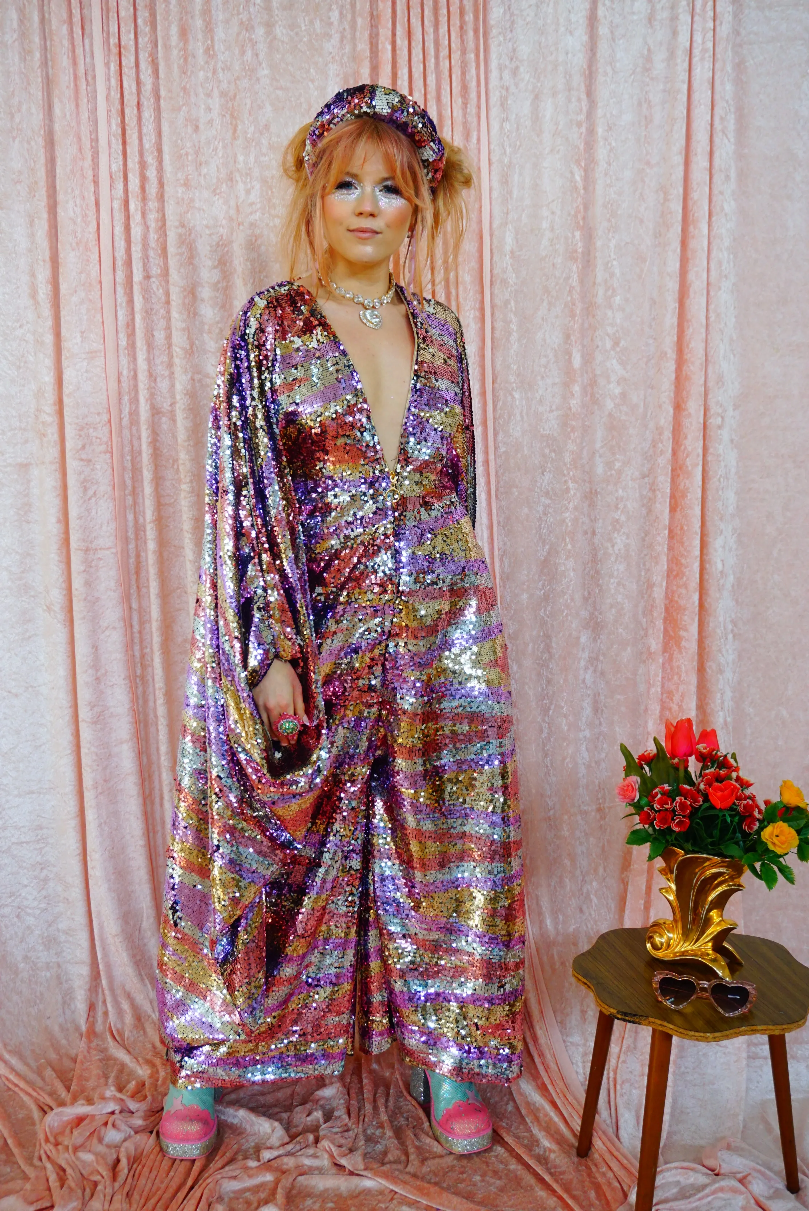 Ziggys Crush - Blush Pink, Silver, Gold, and White flip Print Kaftan Jumpsuit