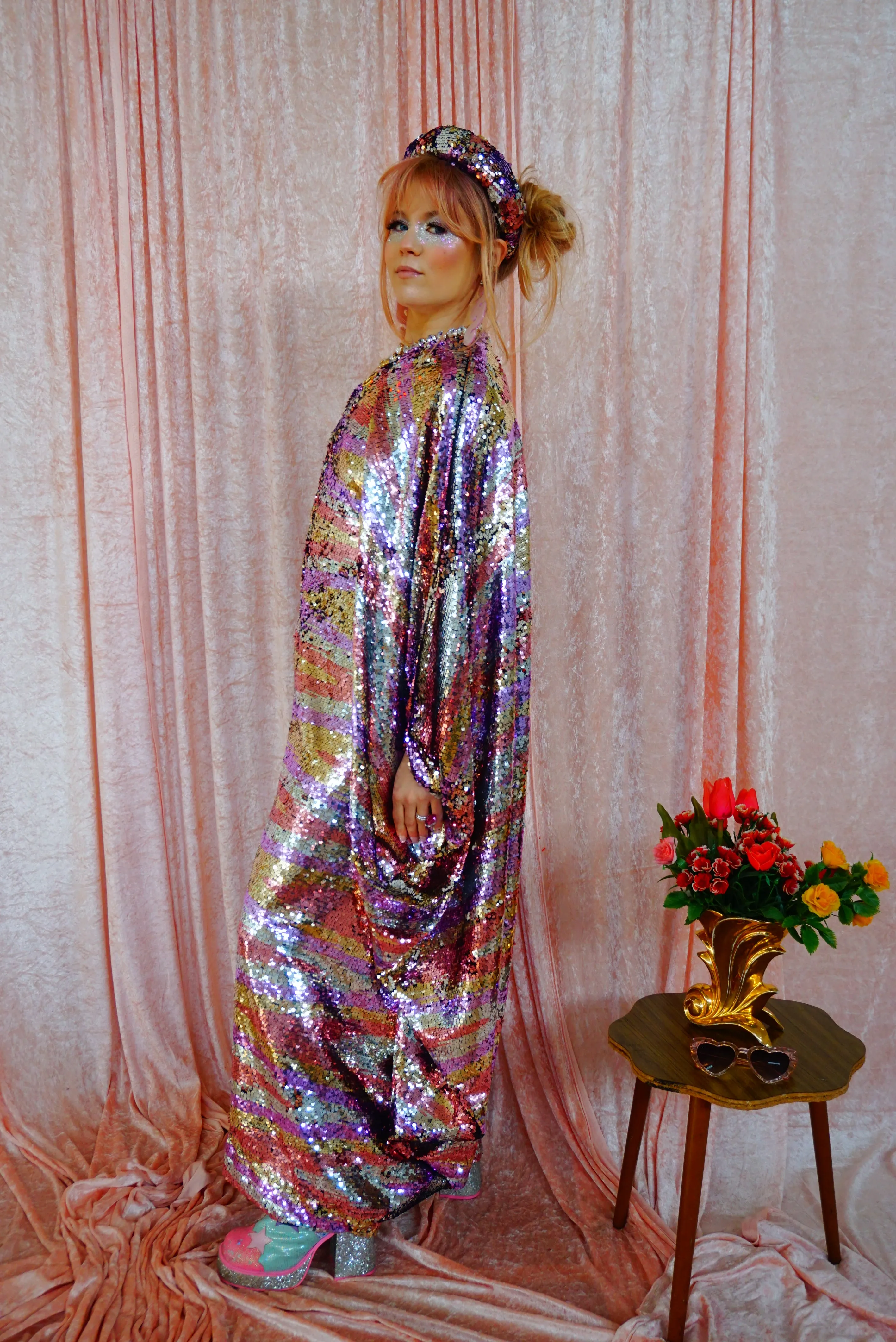 Ziggys Crush - Blush Pink, Silver, Gold, and White flip Print Kaftan Jumpsuit