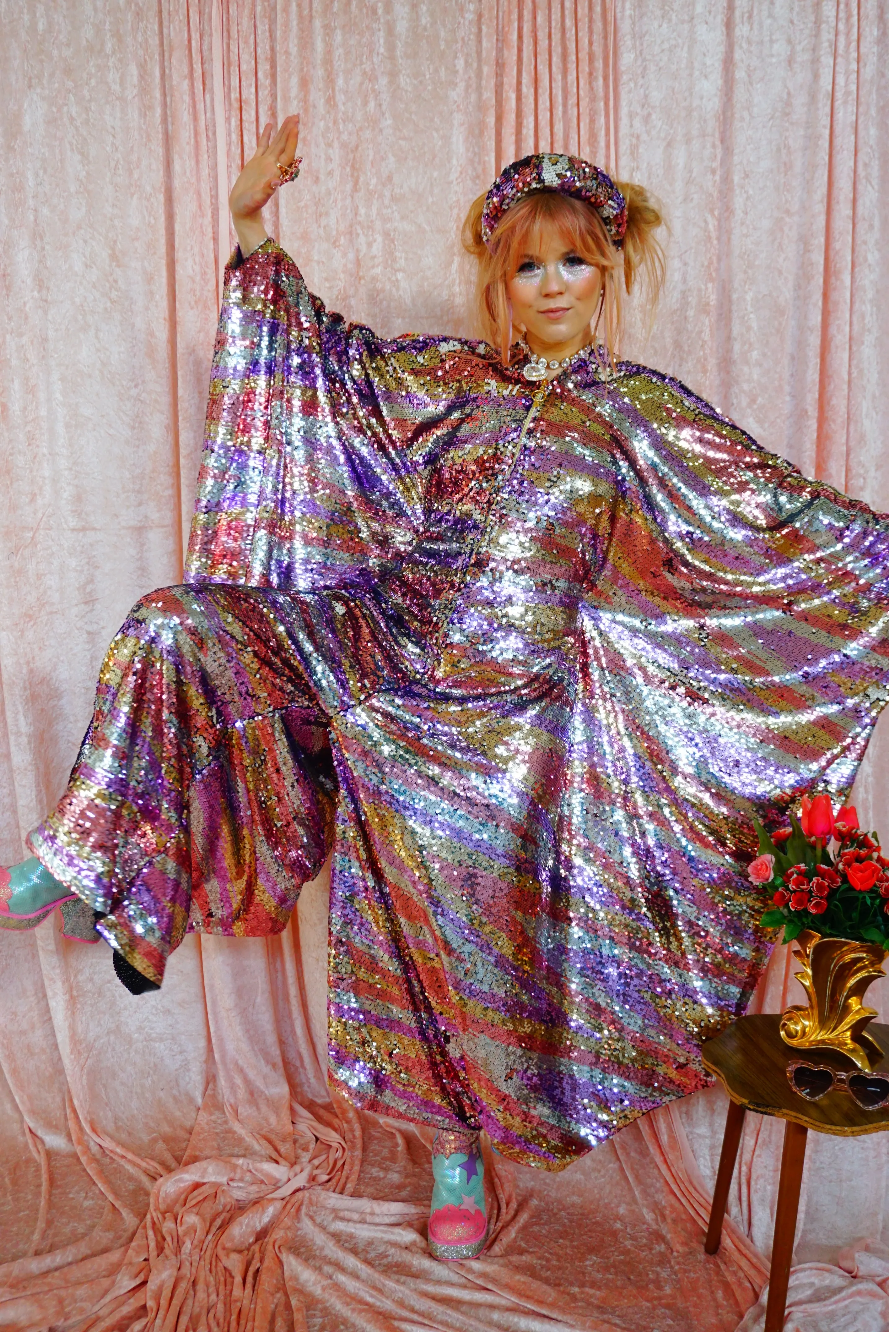 Ziggys Crush - Blush Pink, Silver, Gold, and White flip Print Kaftan Jumpsuit