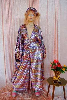 Ziggys Crush - Blush Pink, Silver, Gold, and White flip Print Kaftan Jumpsuit