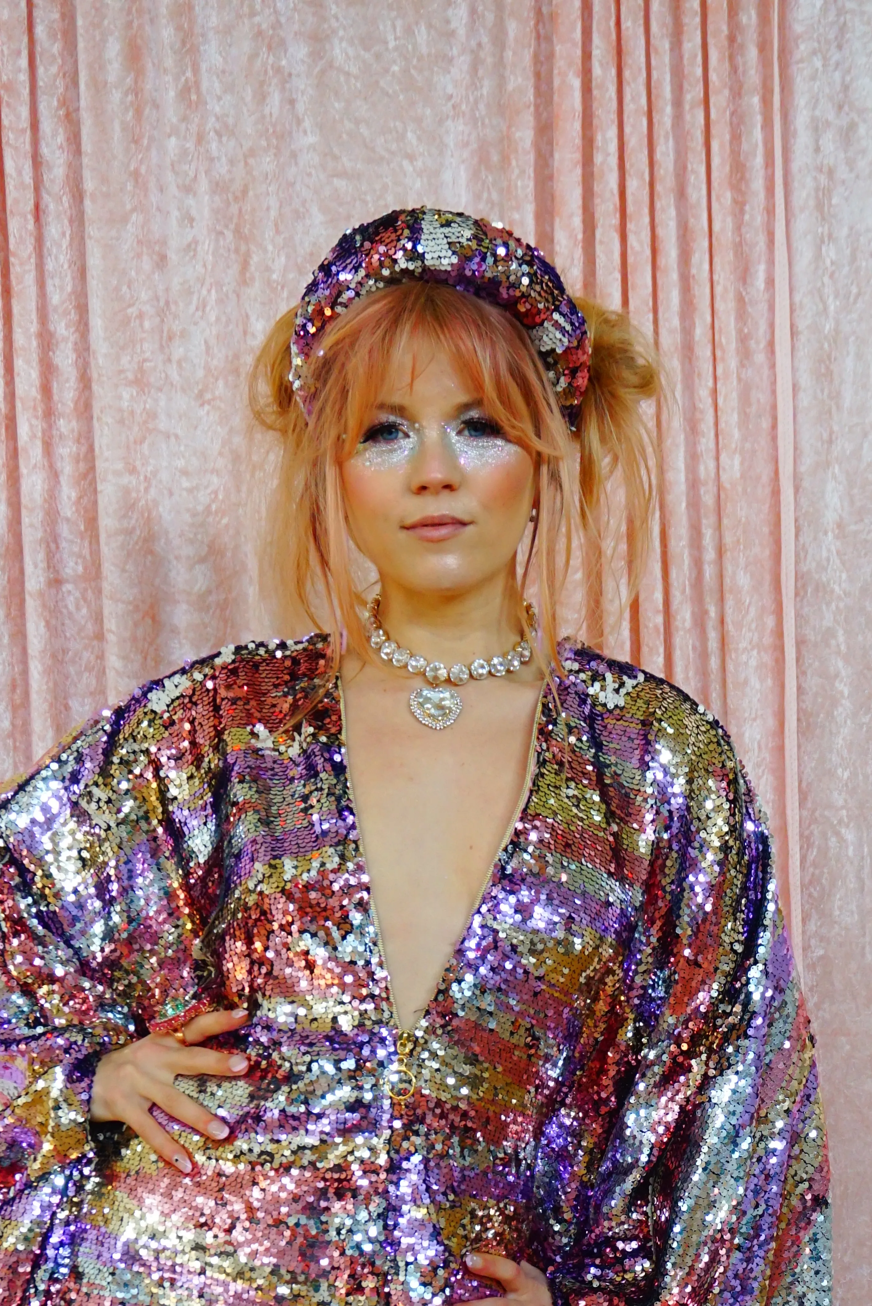 Ziggys Crush - Blush Pink, Silver, Gold, and White flip Print Kaftan Jumpsuit